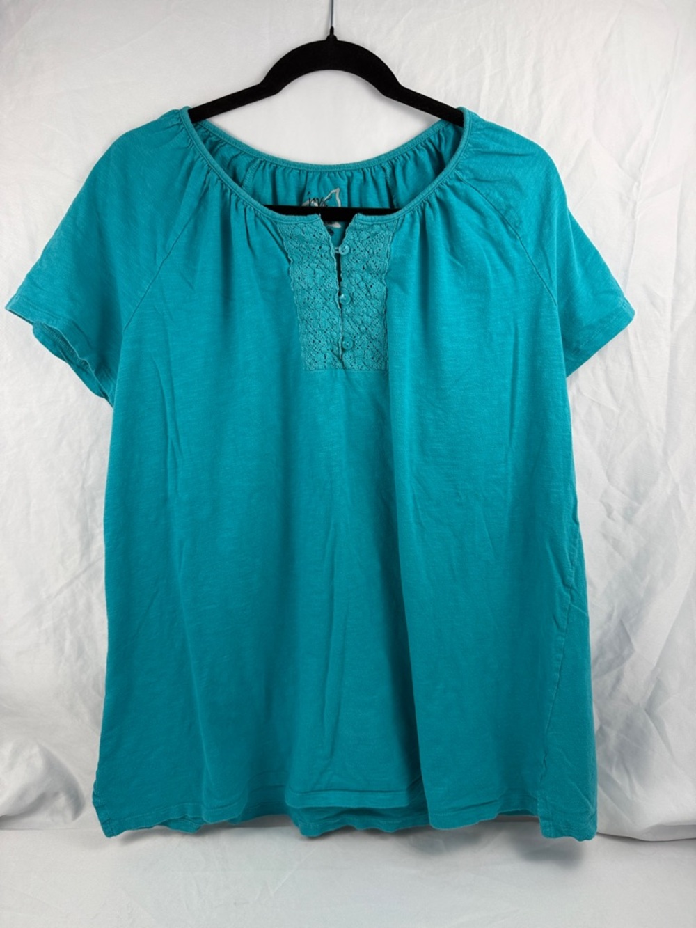 Just My Size Teal‎ Short Sleeve Top Womens 1X 16W Lace Henley Plus Size Tee